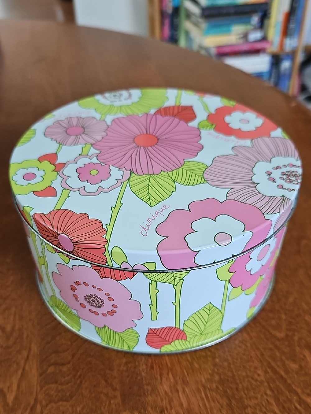 Clinique 1990s Pink Floral Decorative Storage Tin with Green Accents